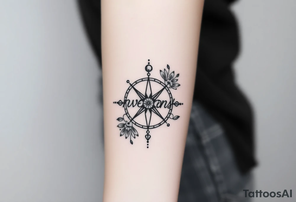 Compass with cursive letters with flowers flowing above and below tattoo idea