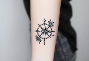 Compass with cursive letters with flowers flowing above and below tattoo idea