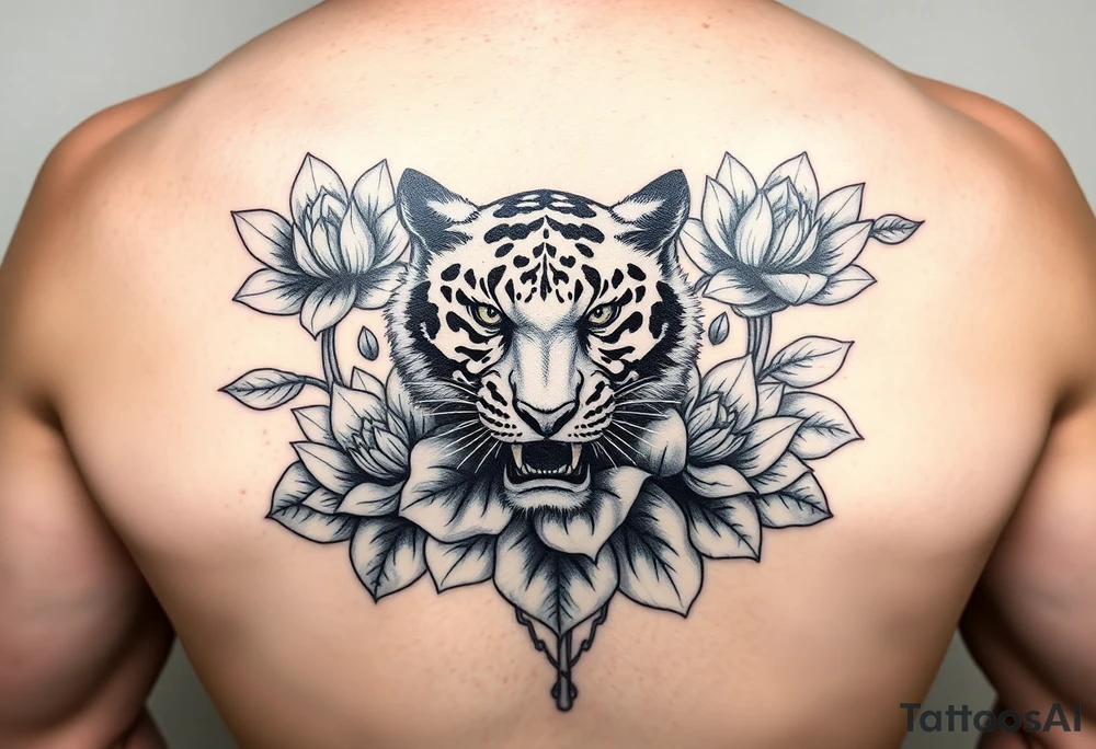 fierce tiger emerging through blooming lotus flowers in mist tattoo idea
