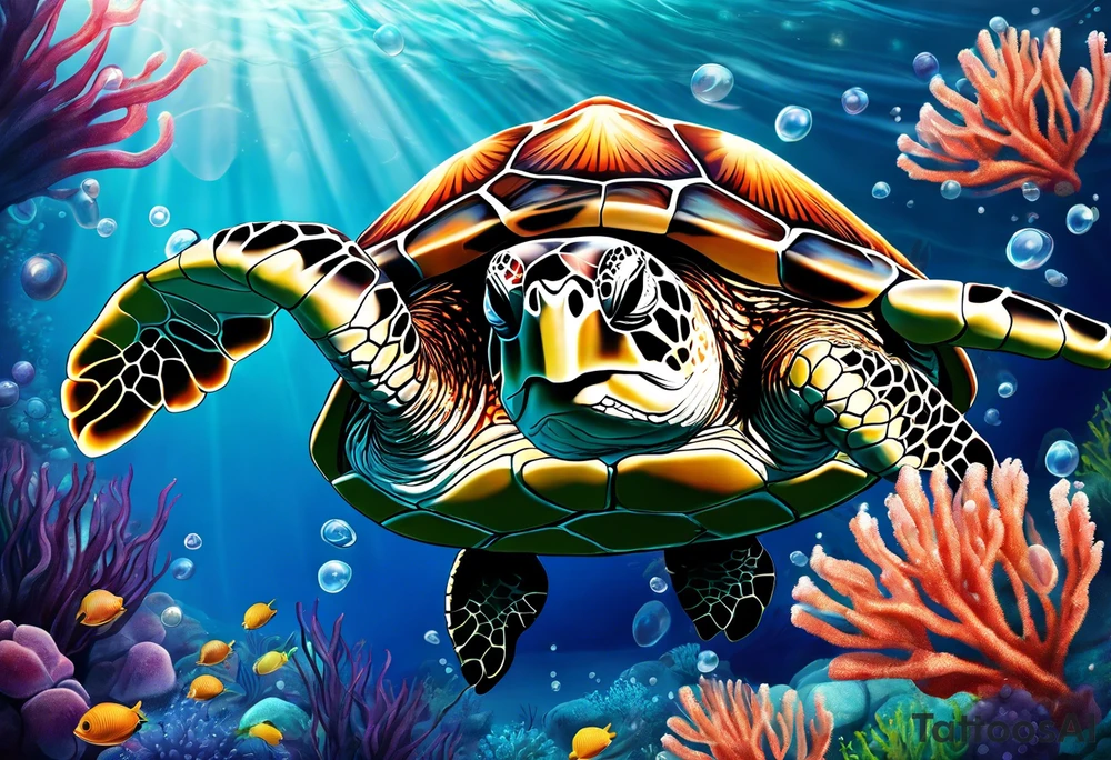 large sea turtle with its head on the right side of the image pieces of corral around it and bubbles, exclude a blue background and add a colorful jellyfish with long flowing tentacles next to the sea turtle tattoo idea