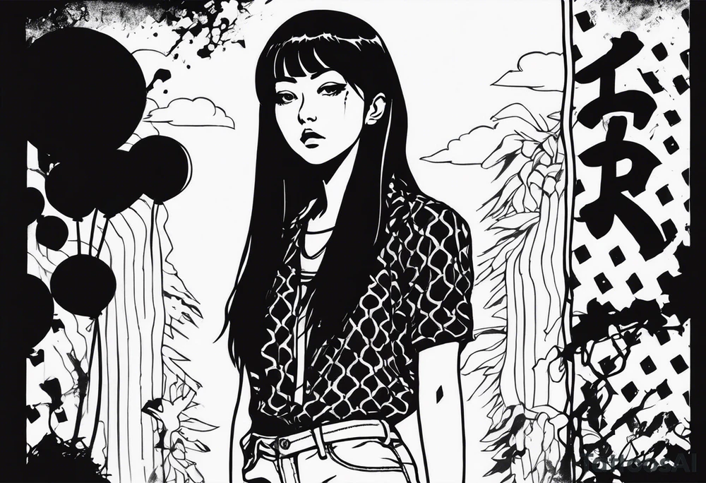 portrait of tomie standing up a character by the horror manga author junji ito full body standing murderously. add more horror and gore elements tattoo idea