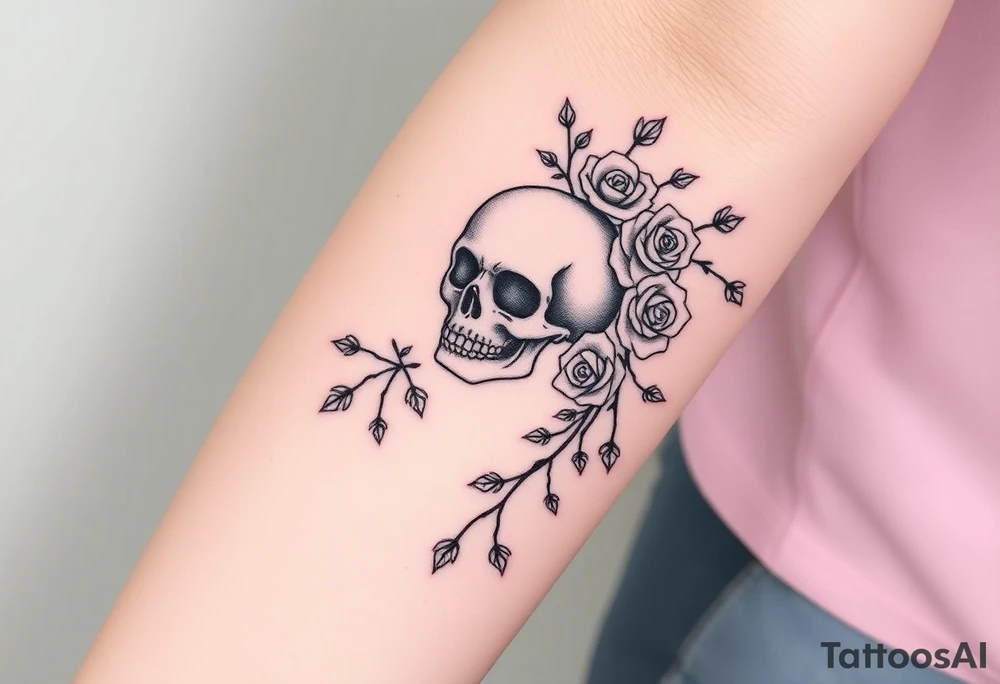 gothic skull intertwined with climbing roses and thorny vines tattoo idea