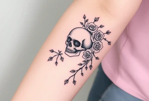 gothic skull intertwined with climbing roses and thorny vines tattoo idea