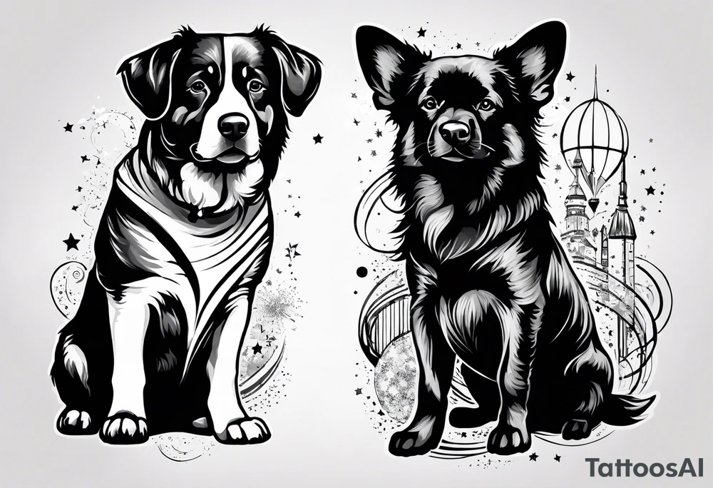 4 silhouettes looking up at outer space. 3 of the silhouettes must be dogs. 1 of the silhouettes must be an adult human male. tattoo idea