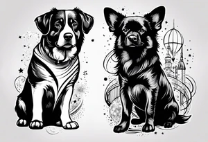 4 silhouettes looking up at outer space. 3 of the silhouettes must be dogs. 1 of the silhouettes must be an adult human male. tattoo idea