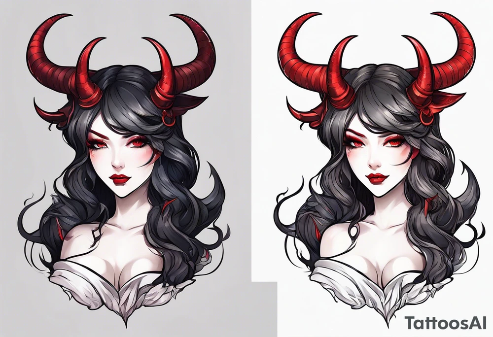 full body anime style succubus with red horns in a portrait tattoo idea