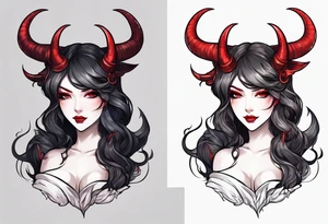 full body anime style succubus with red horns in a portrait tattoo idea
