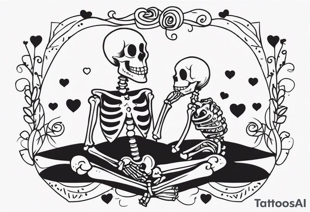 One skeleton with eyes in the shape of hearts, one skeleton sitting tattoo idea