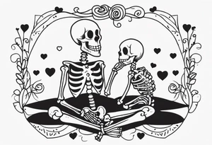 One skeleton with eyes in the shape of hearts, one skeleton sitting tattoo idea
