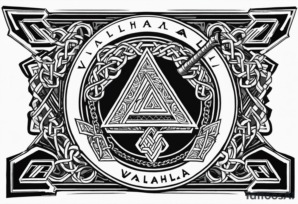 Valhalla sword shield axe Valknut chains tattoo idea