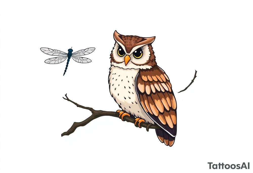 Cartoon style owl, perched on a branch, dragonfly in the background tattoo idea