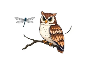 Cartoon style owl, perched on a branch, dragonfly in the background tattoo idea