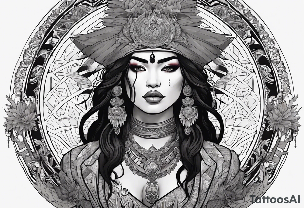 kali, valkrye, pirate, asian goddess, , warrior, native american, lotus, zenza resonance, skulls, dragon, pachamama, left side face, chest, right wing, tattoo idea