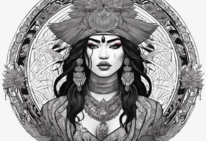 kali, valkrye, pirate, asian goddess, , warrior, native american, lotus, zenza resonance, skulls, dragon, pachamama, left side face, chest, right wing, tattoo idea