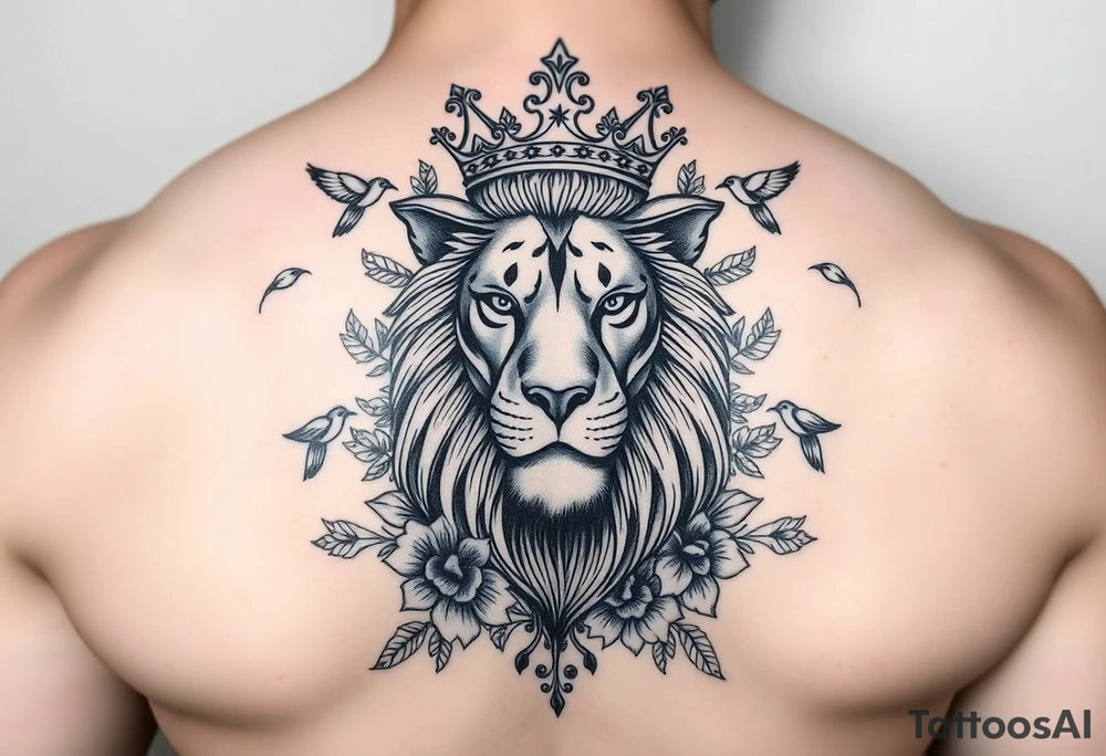 powerful majestic lion with a crown, surrounded by floral ornaments and birds tattoo idea