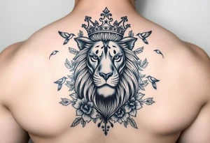 powerful majestic lion with a crown, surrounded by floral ornaments and birds tattoo idea