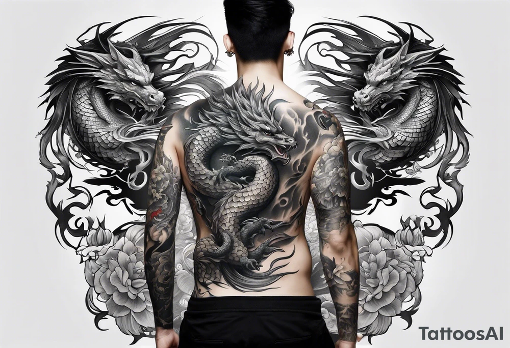 back tattoo of full body warrior nymph with dragon tattoo idea