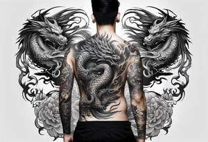 back tattoo of full body warrior nymph with dragon tattoo idea