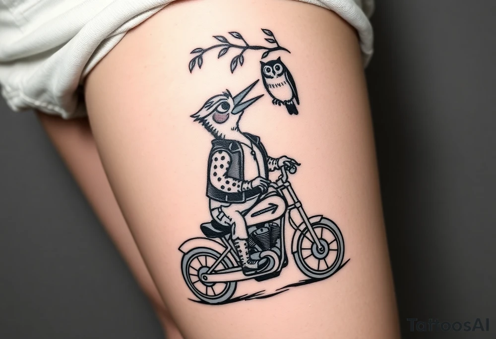 Woody the woodpecker wearing a leather vest that says peckerwoods, on a Harley Davidson under a willow tree, gazing in love at a barn owl tattoo idea