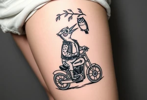 Woody the woodpecker wearing a leather vest that says peckerwoods, on a Harley Davidson under a willow tree, gazing in love at a barn owl tattoo idea