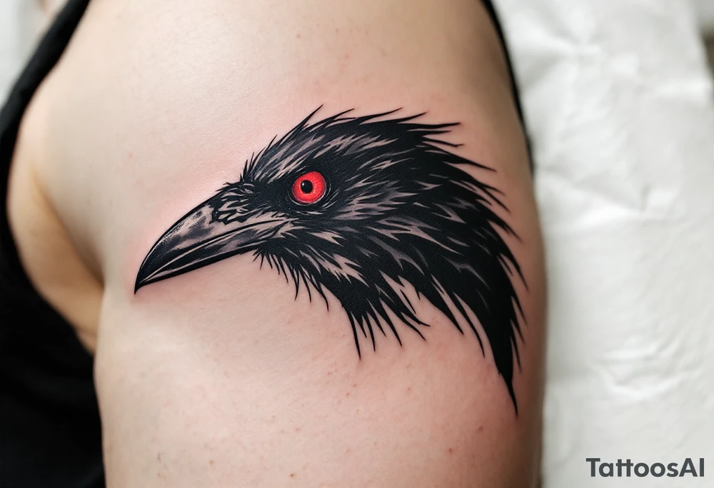 Crow with One Red Eye – A simple black crow with one piercing red eye, symbolizing insight or vengeance. Graphic, high-contrast style with sharp edges. tattoo idea