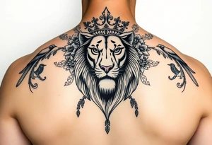 powerful majestic lion with a crown, surrounded by floral ornaments and birds tattoo idea