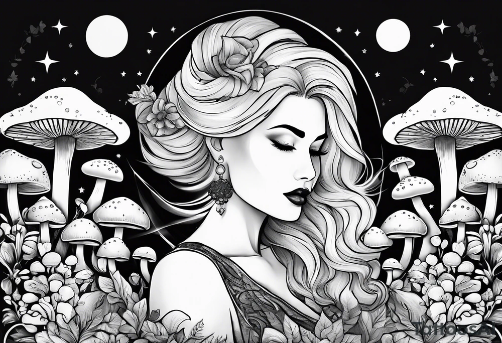 Chubby old blonde woman thin lips surrounded by mushrooms crescent moon mountains background "GRACEFUL" tattoo idea