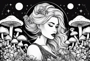 Chubby old blonde woman thin lips surrounded by mushrooms crescent moon mountains background "GRACEFUL" tattoo idea