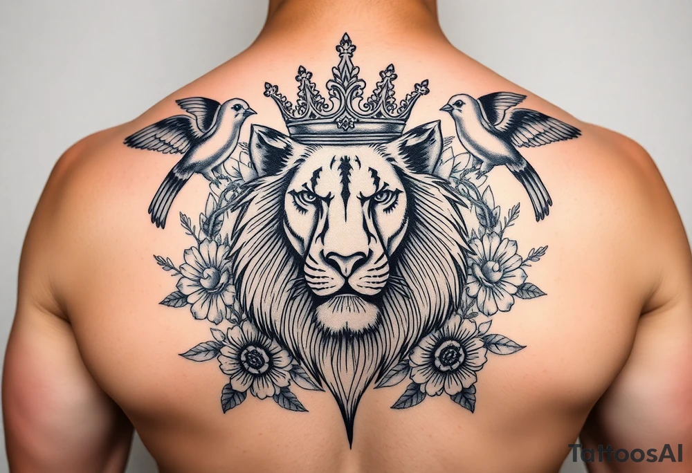 powerful majestic lion with a crown, surrounded by floral ornaments and birds tattoo idea
