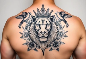 powerful majestic lion with a crown, surrounded by floral ornaments and birds tattoo idea