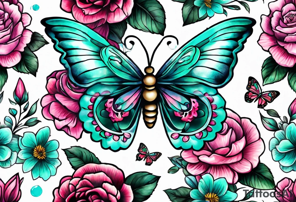 sugar skull butterflies pink and teal flowers tattoo idea
