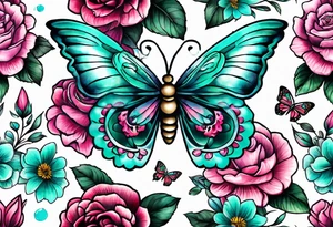 sugar skull butterflies pink and teal flowers tattoo idea