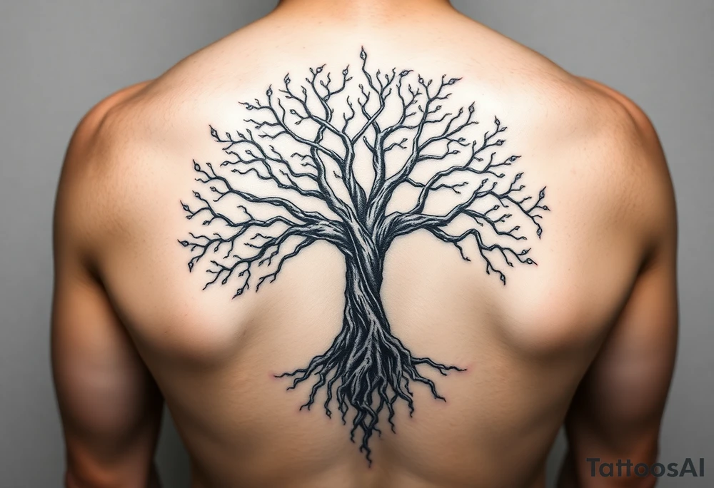 mystical tree of life with cosmic roots and celestial branches tattoo idea