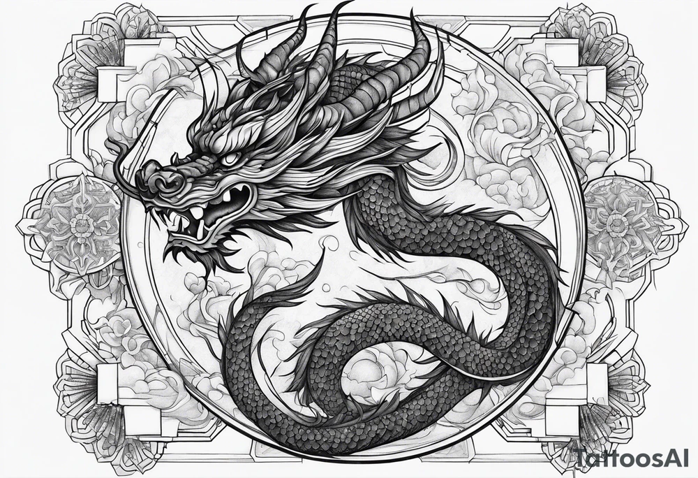 japanese dragon, celestial, cross, snowflake tattoo idea