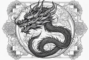japanese dragon, celestial, cross, snowflake tattoo idea