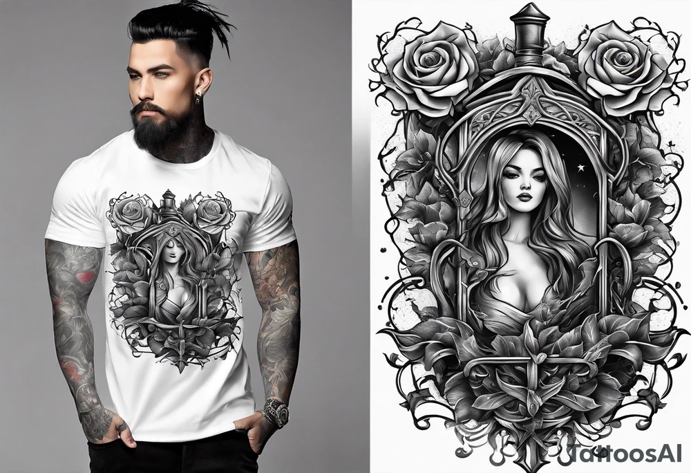 tattoo fool sleeve, old broken gothic home, broken sword, tree roots break out of the chains, roses tattoo idea