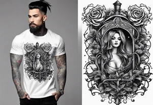 tattoo fool sleeve, old broken gothic home, broken sword, tree roots break out of the chains, roses tattoo idea