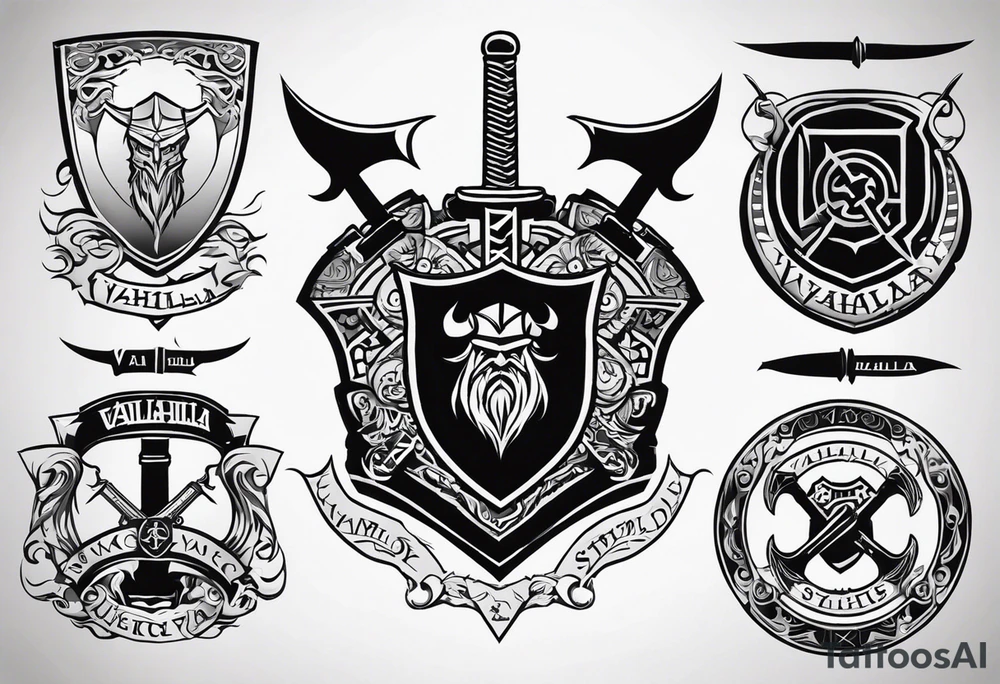 Valhalla shield sword axe stairs tattoo idea