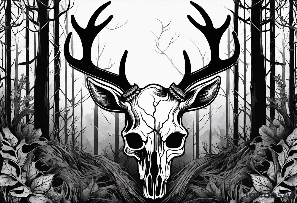 A SCARY side view of a decayed deer skull NO SKIN JUST BONE surrounded by a forest fire in background tattoo idea