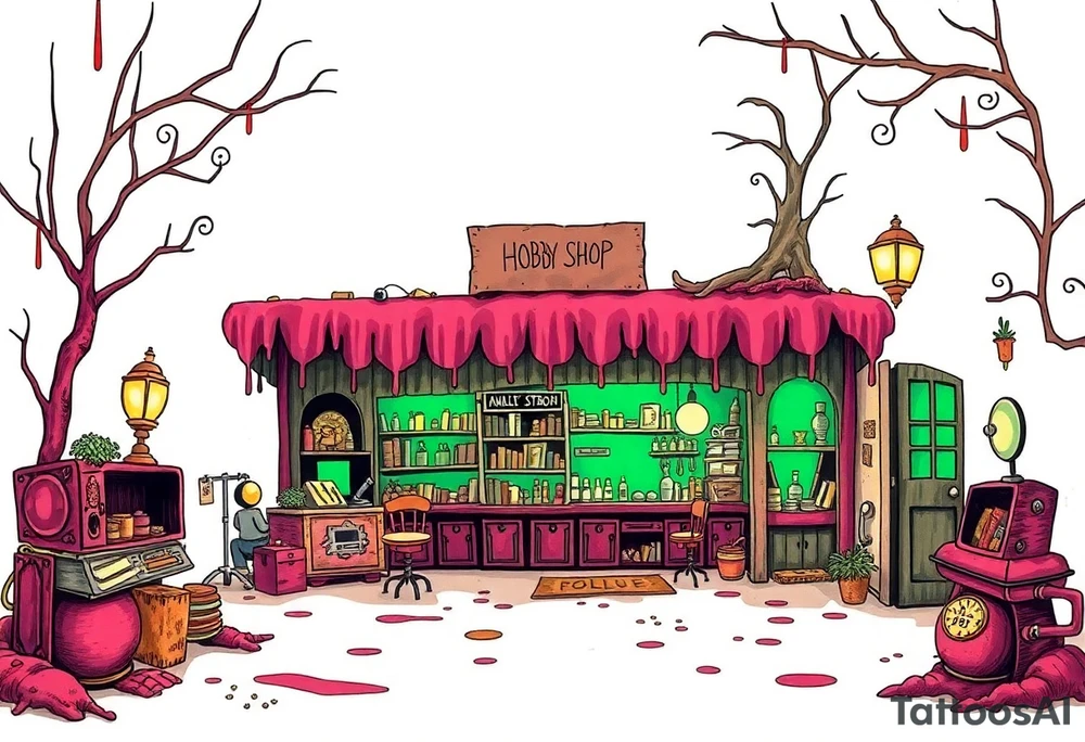 Tim Burton’s hobby shop from outside viewis abandoned and dripping with muted reds, dusty pinks, and eerie green glow. tattoo idea tattoo idea