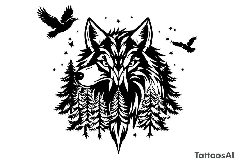 Wolf head surrounded by large pine trees growing from black ground and small ravens flying overhead tattoo idea