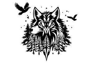 Wolf head surrounded by large pine trees growing from black ground and small ravens flying overhead tattoo idea