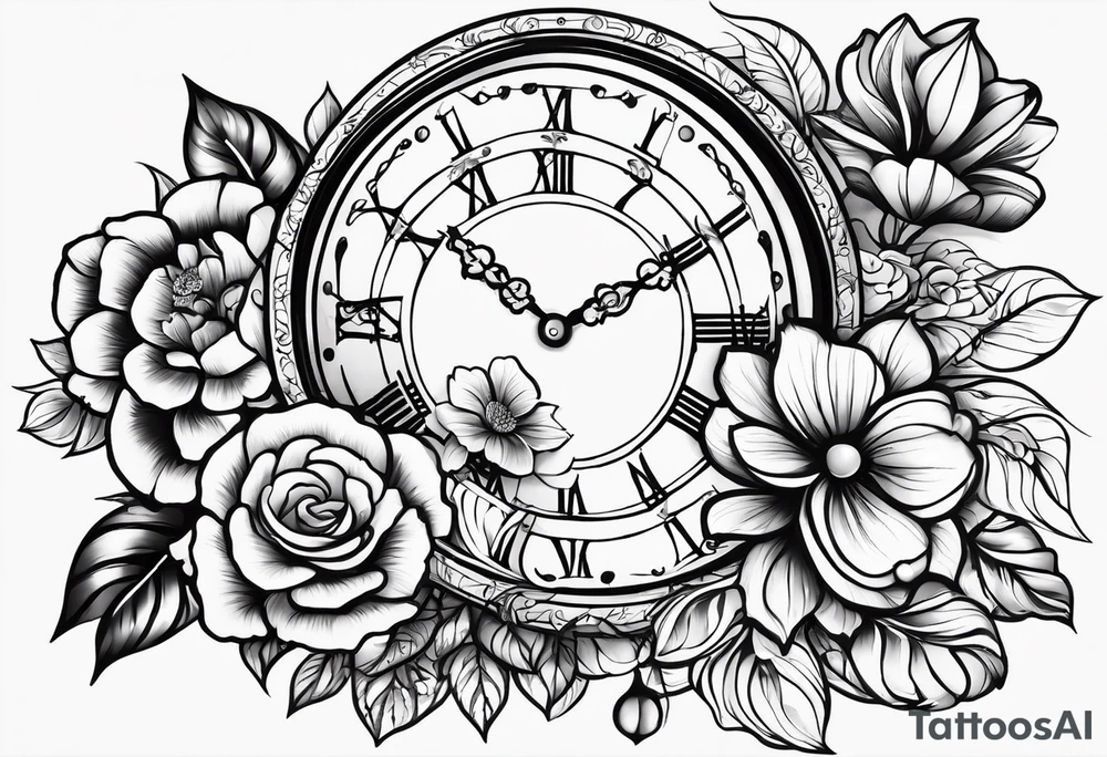 Aniya 6:51pm, Amari 4;57pm, Ameer 5:33am flower clocks teddybears tattoo idea