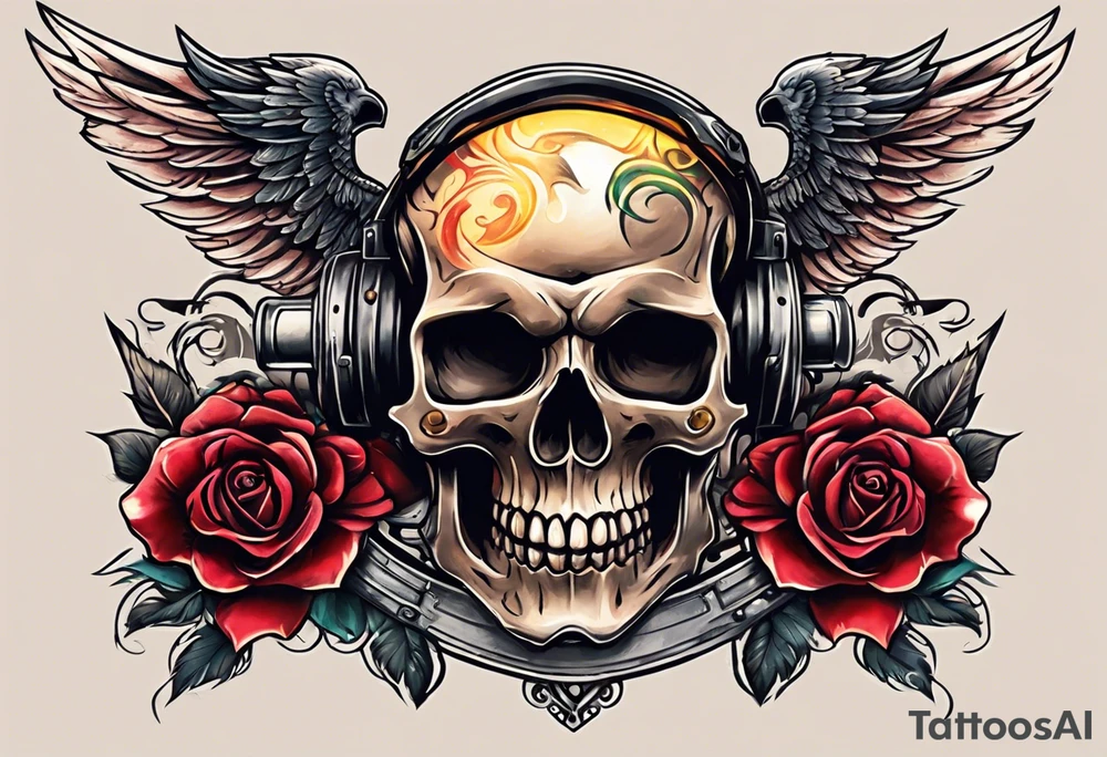 skull with a gun a  rose and dominated by a  heart with wings and  flames coming out of the top of it tattoo idea