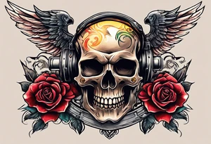 skull with a gun a  rose and dominated by a  heart with wings and  flames coming out of the top of it tattoo idea