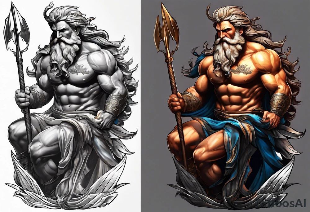 Poseidon with arrows in his back, full of anger and pain kneeling on his knee.
Make it look realistic, muscular and him masculine tattoo idea