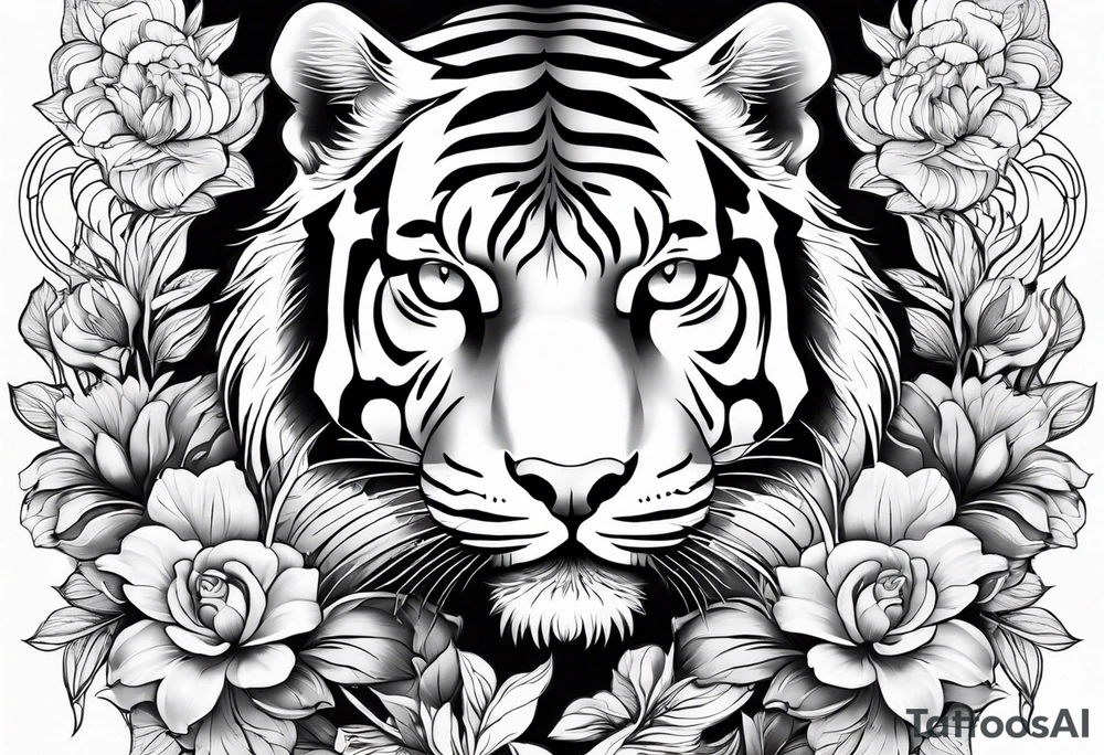 black and white feminine full tiger tattoo with floral design and filigree, feminine tattoo idea