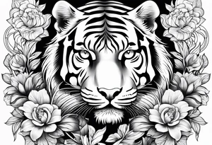 black and white feminine full tiger tattoo with floral design and filigree, feminine tattoo idea