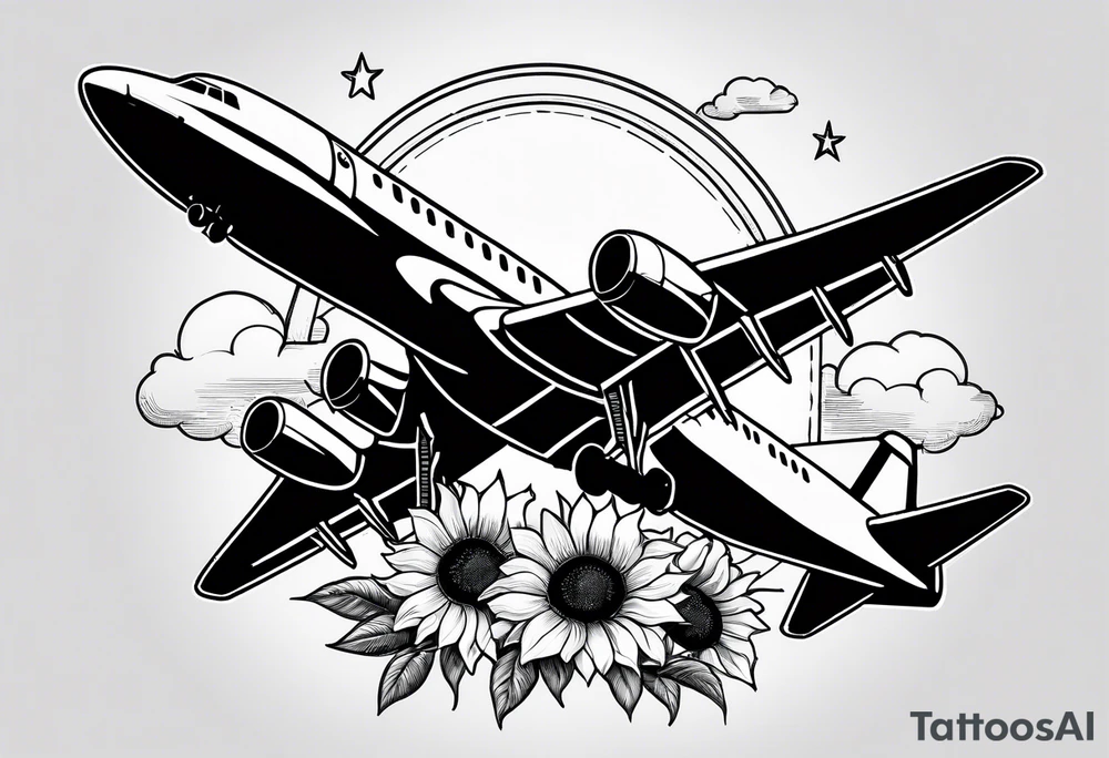 Make a minimalistic vertical postage stamp tattoo design with sunflowers at the bottom and a modern airplane flying over in the background tattoo idea