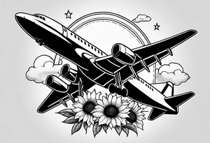 Make a minimalistic vertical postage stamp tattoo design with sunflowers at the bottom and a modern airplane flying over in the background tattoo idea